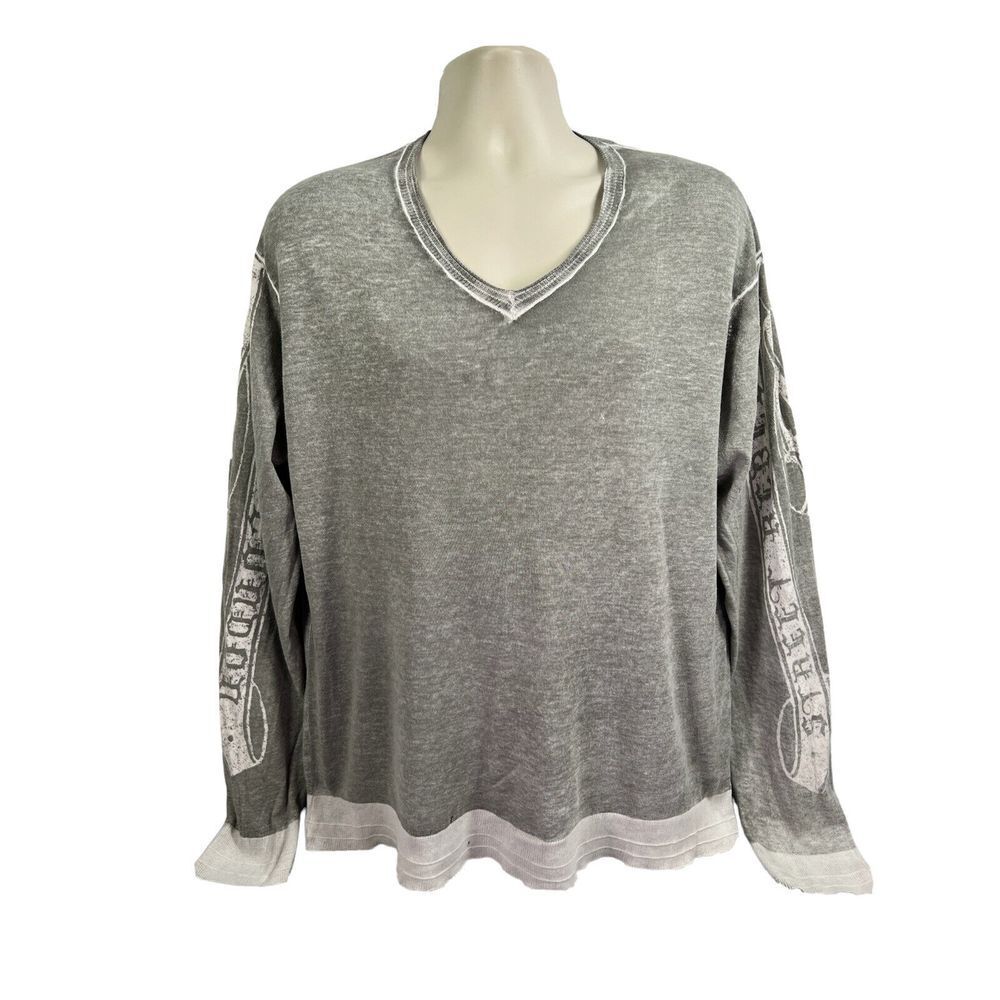 vtg y2k Guess mens thin knit graphic‎ print v neck pullover sweater XL grey
